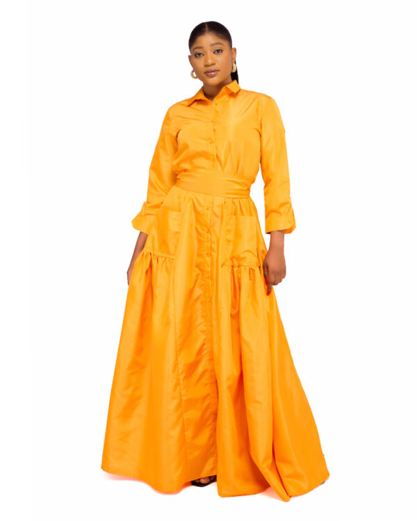 model wearing orangetaffeta long dress